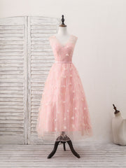 Pink Tulle Lace Tea Length Corset Prom Dress, Pink Corset Homecoming Dress outfit, Maxi Dress