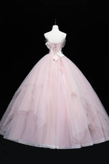 Pink Tulle Long A-Line Corset Ball Gown, Pink Strapless Princess Sweet 16 Dress outfit, Engagement Dress