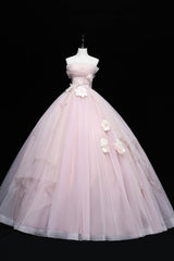 Pink Tulle Long A-Line Corset Ball Gown, Pink Strapless Princess Sweet 16 Dress outfit, Evening Dresses