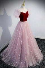 Pink Tulle Long A-Line Corset Prom Dress, Lovely Short Sleeve Evening Party Dress Outfits, Prom Dressed Long