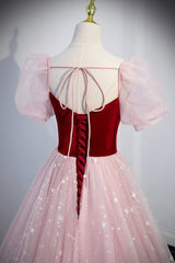 Pink Tulle Long A-Line Corset Prom Dress, Lovely Short Sleeve Evening Party Dress Outfits, Prom Dresses Shop