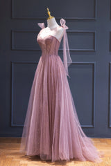 Pink Tulle Long A-Line Corset Prom Dress, Pink Evening Dress with Corset outfit, Party Dresses Teen