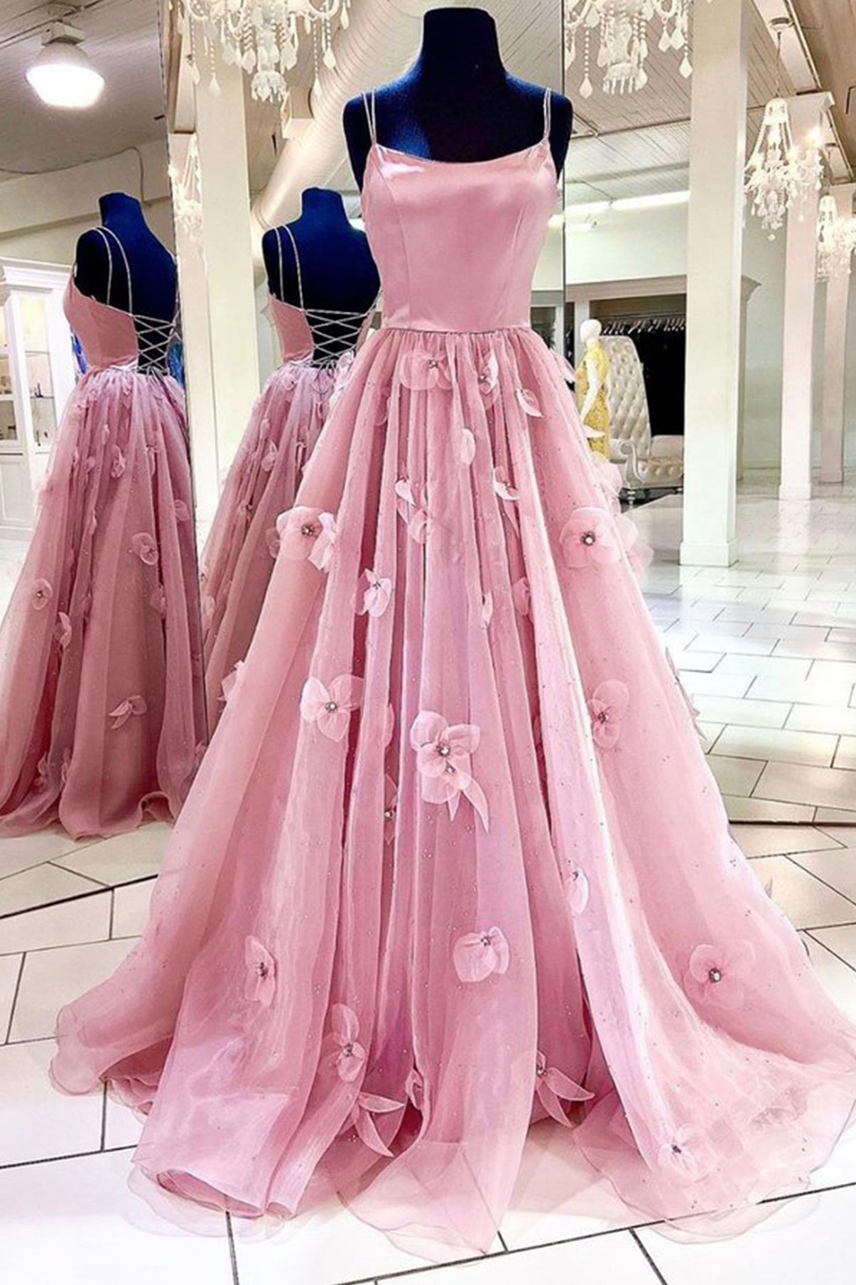 Pink Tulle Long A-Line Corset Prom Dress, Pink Spaghetti Strap Backless Evening Dress outfit, Bridesmaids Dress Websites