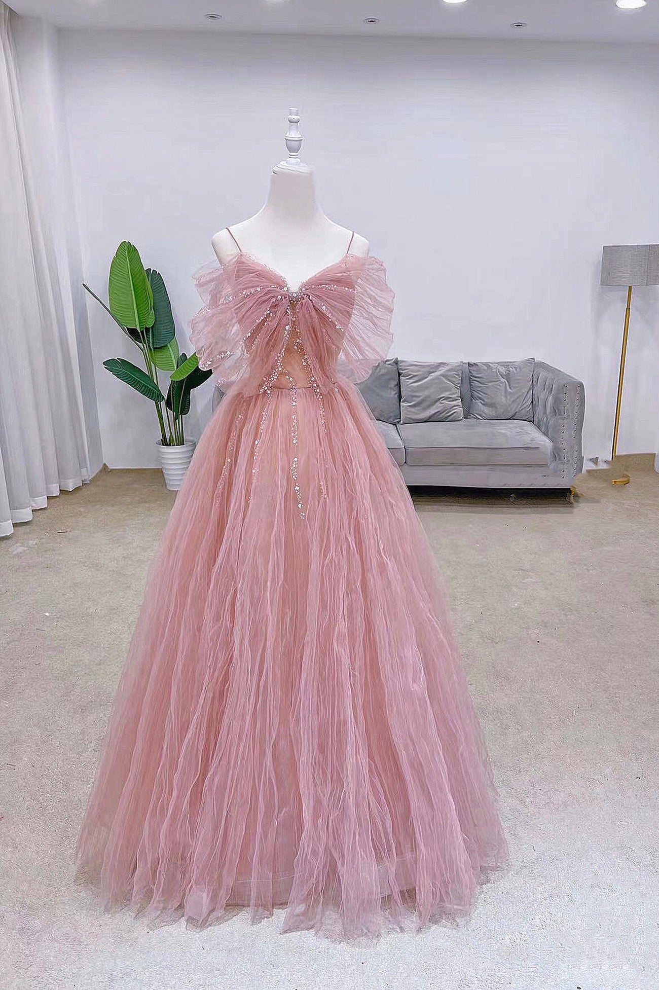 Pink Tulle Long A-Line Corset Prom Dress with Bow, Pink Evening Graduation Dress outfits, Prom Dresses 2018