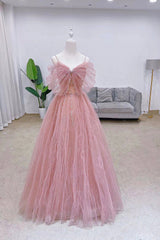 Pink Tulle Long A-Line Corset Prom Dress with Bow, Pink Evening Graduation Dress outfits, Prom Dresses 2018