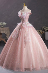 Pink Tulle Long A-Line Corset Prom Dress with Lace, Off Shoulder Sweet 16 Dress outfit, Bridal Shoes