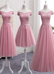 Pink Tulle Long Party Dress , Cute Off Shoulder Corset Bridesmaid Dresses outfit, Homecomming Dress Vintage