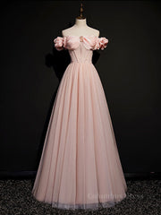 Pink tulle off shoulder long Corset Prom dress, pink tulle Corset Formal dress outfit, Prom Dress Spring