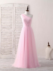 Pink Tulle One Shoulder Long Corset Prom Dress Pink Corset Bridesmaid Dress outfit, Party Dresses Teen