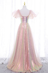 Pink Tulle Sequins Long Corset Prom Dress, Cute Short Sleeve Evening Dress outfit, Bridesmaid Dress Chiffon