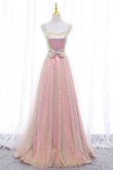 Pink Tulle Sequins Long Corset Prom Dress, Cute Short Sleeve Evening Dress outfit, Bridesmaids Dresses Chiffon