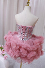 Pink Tulle Short Corset Homecoming Dress with Rhinestones, Cute Party Dress Outfits, Party Dress Styles