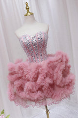 Pink Tulle Short Corset Homecoming Dress with Rhinestones, Cute Party Dress Outfits, Party Dress Inspiration