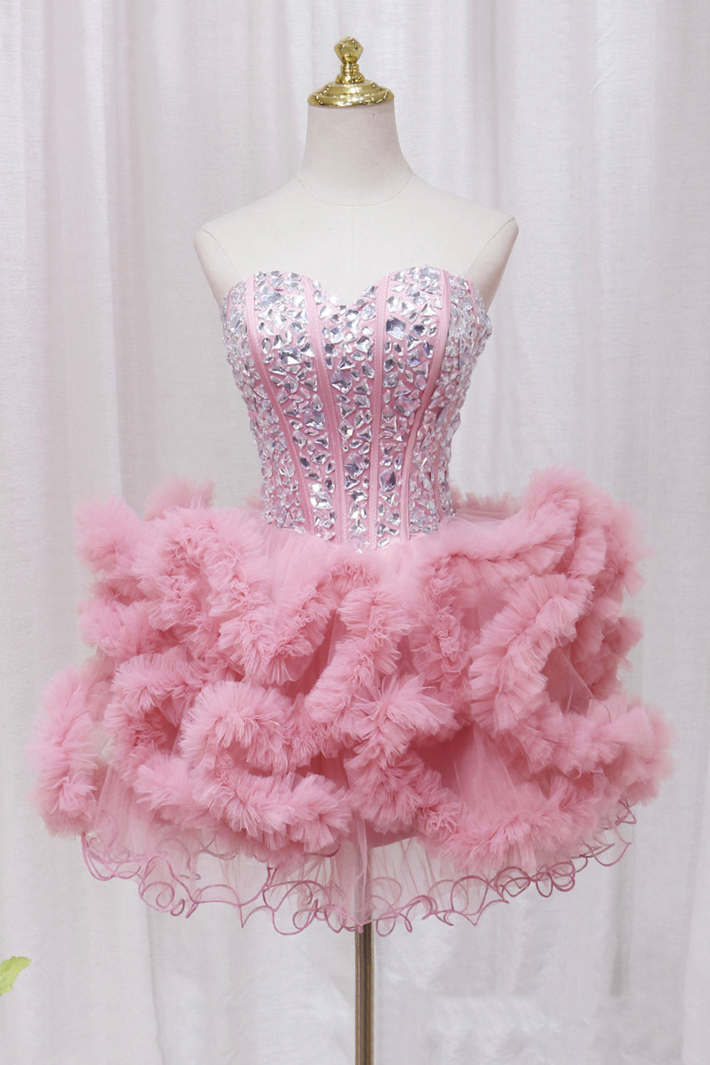 Pink Tulle Short Corset Homecoming Dress with Rhinestones, Cute Party Dress Outfits, Party Dress Outfit