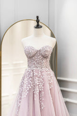 Pink Tulle Sweetheart Long Party Dress, A-Line Corset Prom Dress outfits, Simple Wedding Dress