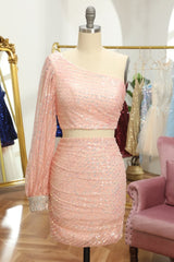 Pink Two Piece Sequin Corset Homecoming Dress outfit, Pink Two Piece Sequin Homecoming Dress