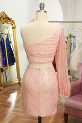 Pink Two Piece Sequin Corset Homecoming Dress outfit, Pink Two Piece Sequin Homecoming Dress