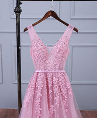 Pink V Neck Lace Tulle Long Corset Prom Dress, Lace Evening Dresses outfit, Evening Dresses Elegant