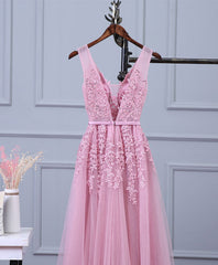 Pink V Neck Lace Tulle Long Corset Prom Dress, Lace Evening Dresses outfit, Evening Dresses Wholesale