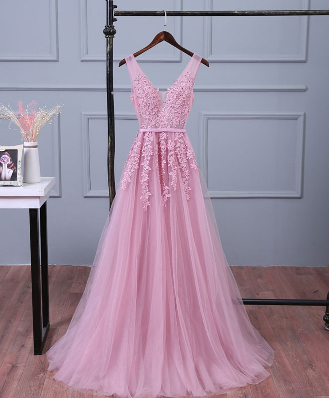 Pink V Neck Lace Tulle Long Corset Prom Dress, Lace Evening Dresses outfit, Evening Dresses Boutique