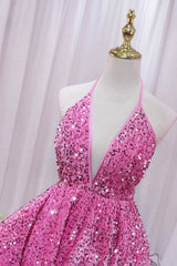 Pink V-Neck Sequins Short Corset Prom Dress, Pink A-Line Backless Party Dress Outfits, Gown