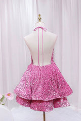 Pink V-Neck Sequins Short Corset Prom Dress, Pink A-Line Backless Party Dress Outfits, Maxi Dress