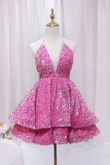 Pink V-Neck Sequins Short Corset Prom Dress, Pink A-Line Backless Party Dress Outfits, Cute Dress