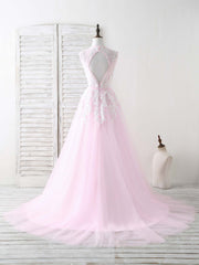 Pink V Neck Tulle Lace Applique Long Corset Prom Dress Pink Evening Dress outfit, Bridesmaids Dresses Pink