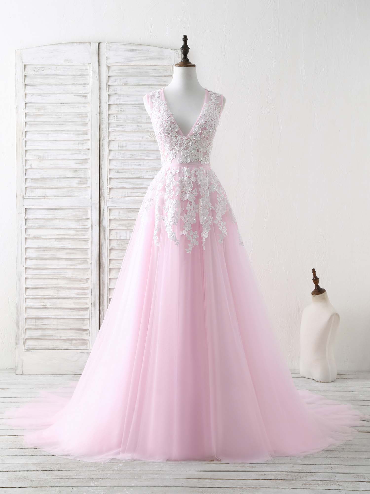 Pink V Neck Tulle Lace Applique Long Corset Prom Dress Pink Evening Dress outfit, Bridesmaid Dress Pink