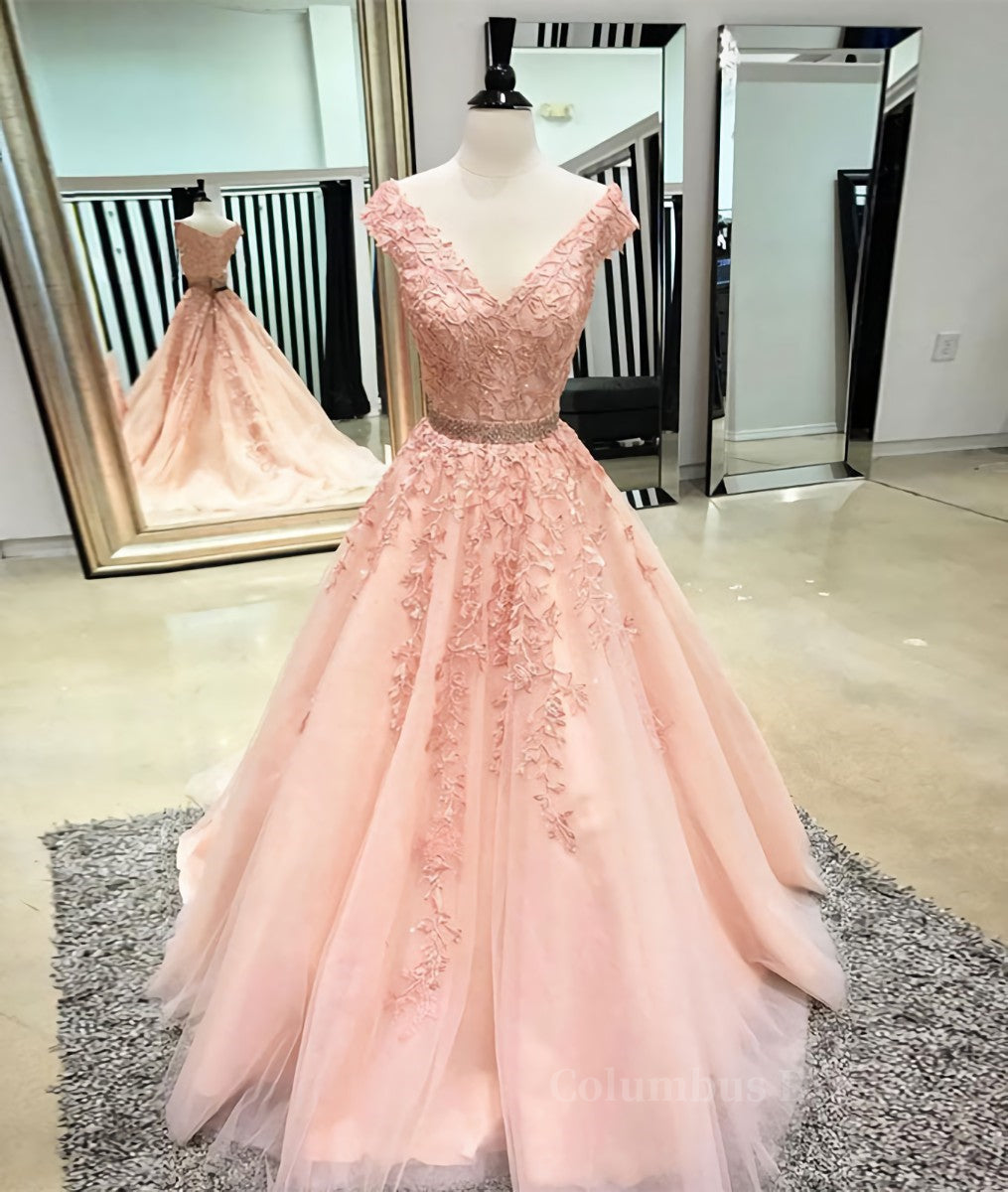 Pink v neck tulle lace applique long Corset Prom dress, pink tulle evening dress outfit, Couture Gown