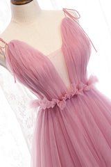 Pink V-Neck Tulle Long Corset Prom Dress, A-Line Corset Formal Evening Dress outfit, Prom Dresses Blue Light