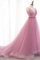 Pink V-Neck Tulle Long Corset Prom Dress, A-Line Corset Formal Evening Dress outfit, Prom Dress Corset Ball Gown