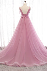 Pink V-Neck Tulle Long Corset Prom Dress, A-Line Corset Formal Evening Dress outfit, Prom Dress Fairy