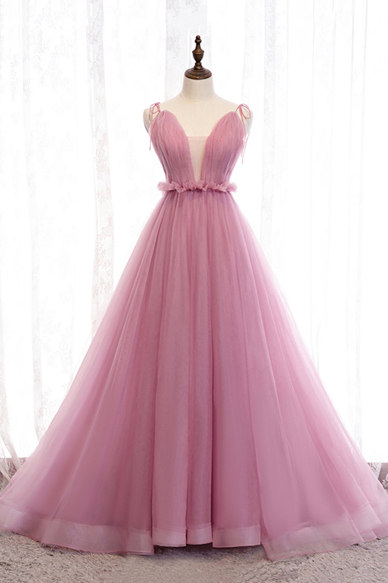 Pink V-Neck Tulle Long Corset Prom Dress, A-Line Corset Formal Evening Dress outfit, Prom Dress Champagne