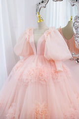 Pink V-Neck Tulle Long Corset Prom Dress, A-Line Puff Sleeve Princess Dress Gowns, Evening Dress Suit