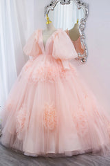 Pink V-Neck Tulle Long Corset Prom Dress, A-Line Puff Sleeve Princess Dress Gowns, Evening Dresses Suits