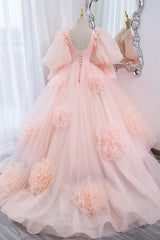 Pink V-Neck Tulle Long Corset Prom Dress, A-Line Puff Sleeve Princess Dress Gowns, Evening Dress Gold