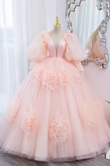 Pink V-Neck Tulle Long Corset Prom Dress, A-Line Puff Sleeve Princess Dress Gowns, Evening Dress With Sleeves Uk