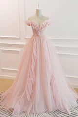 Pink V-Neck Tulle Long Corset Prom Dress, Off the Shoulder Evening Graduation Dress outfits, Party Dress With Glitter