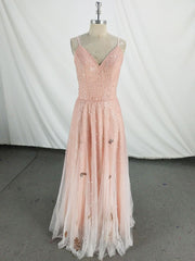Pink V Neck Tulle Long Corset Prom Dress, Pink Tulle Evening Dress outfit, Prom Dresses Pattern