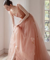 Pink V Neck Tulle Long Corset Prom Dress, Tulle Pink Evening Dress outfit, Prom Dressed Black