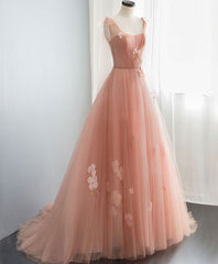 Pink V Neck Tulle Long Corset Prom Dress, Tulle Pink Evening Dress outfit, Prom Dresses 2034 Ball Gown