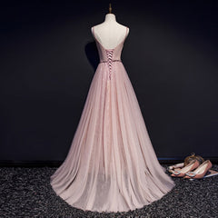 Pink V-neckline Beaded Tulle Corset Prom Dress , Party Gown Outfits, Formal Dress Website