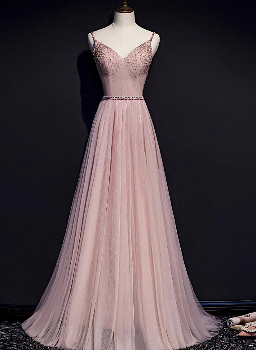 Pink V-neckline Beaded Tulle Corset Prom Dress , Party Gown Outfits, Formal Dress Websites