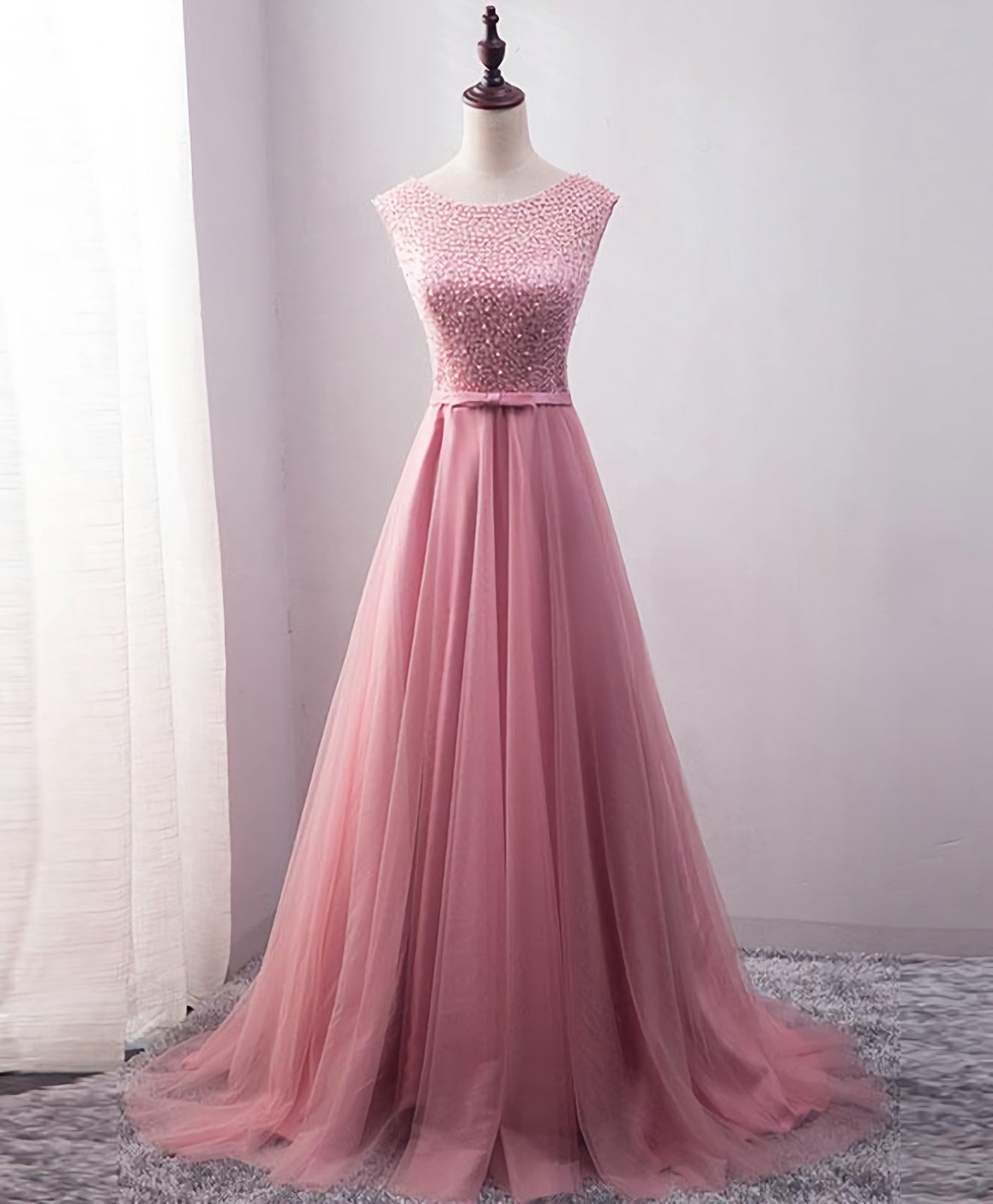 Pink Tulle Long A Line Corset Prom Dress, Pink Evening Dress outfit, Homecomeing Dresses Short