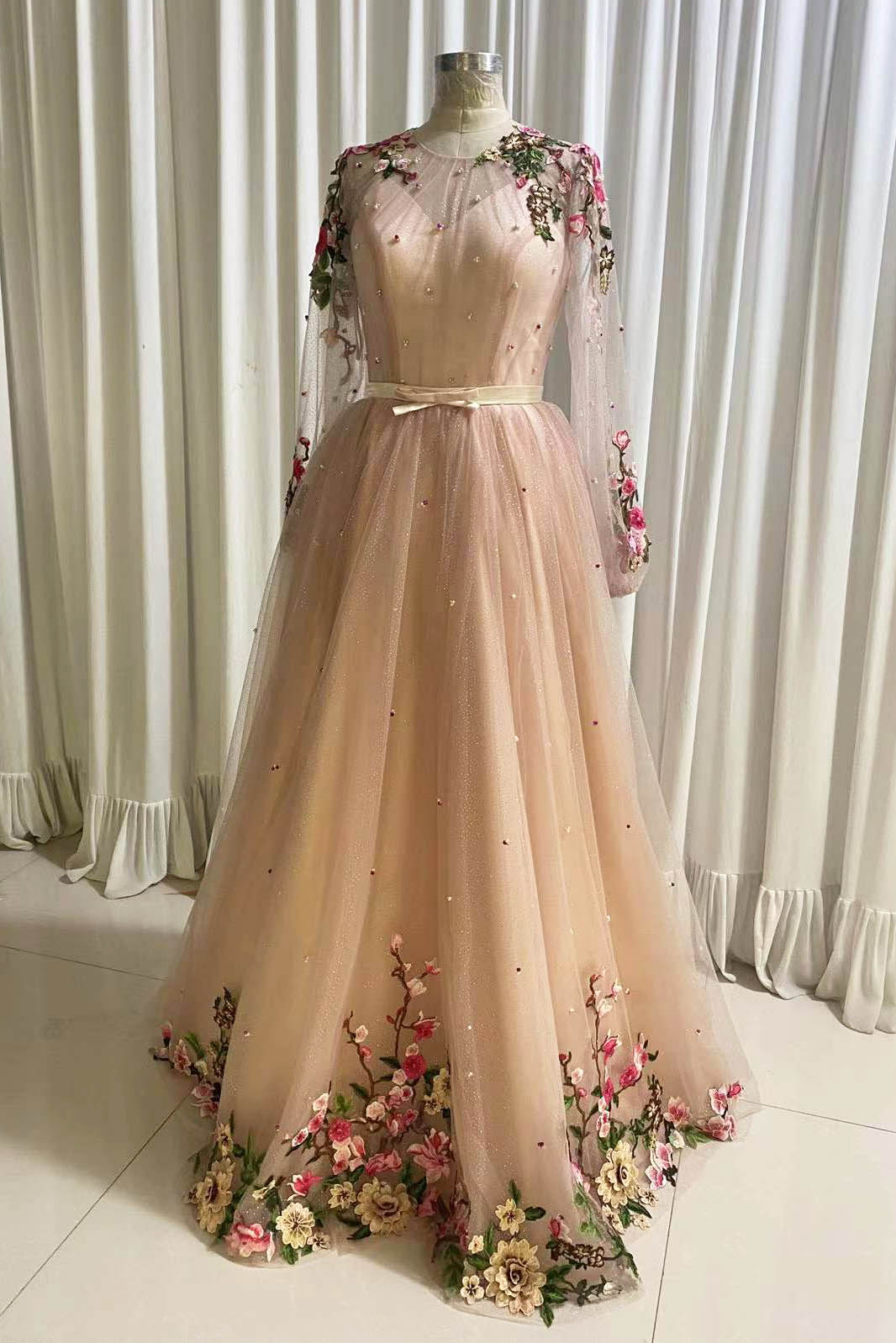 A Line Tulle Long Corset Prom Dress with Flowers, Pink Long Sleeves Party Dress with Beading outfit, Party Dresses Short Tight