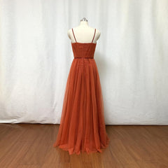 Burnt Orange Tulle Corset Bridesmaid Dress, 2024 Spaghetti Straps Boho Gowns, Formal Dress For Beach Wedding