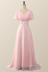 Pleated Pink Flare Sleeves Chiffon Long Corset Bridesmaid Dress outfit, Prom Theme