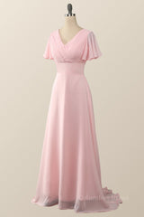 Pleated Pink Flare Sleeves Chiffon Long Corset Bridesmaid Dress outfit, Pretty Dress