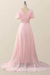 Pleated Pink Flare Sleeves Chiffon Long Corset Bridesmaid Dress outfit, Fancy Dress